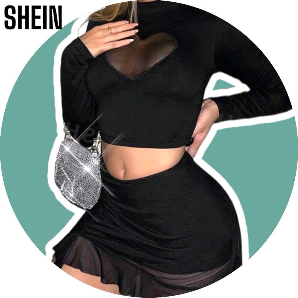 SHEIN Sweetina Y2k Black Mock Neck Heart Mesh Insert Club Crop Tee - Picture 2 of 6